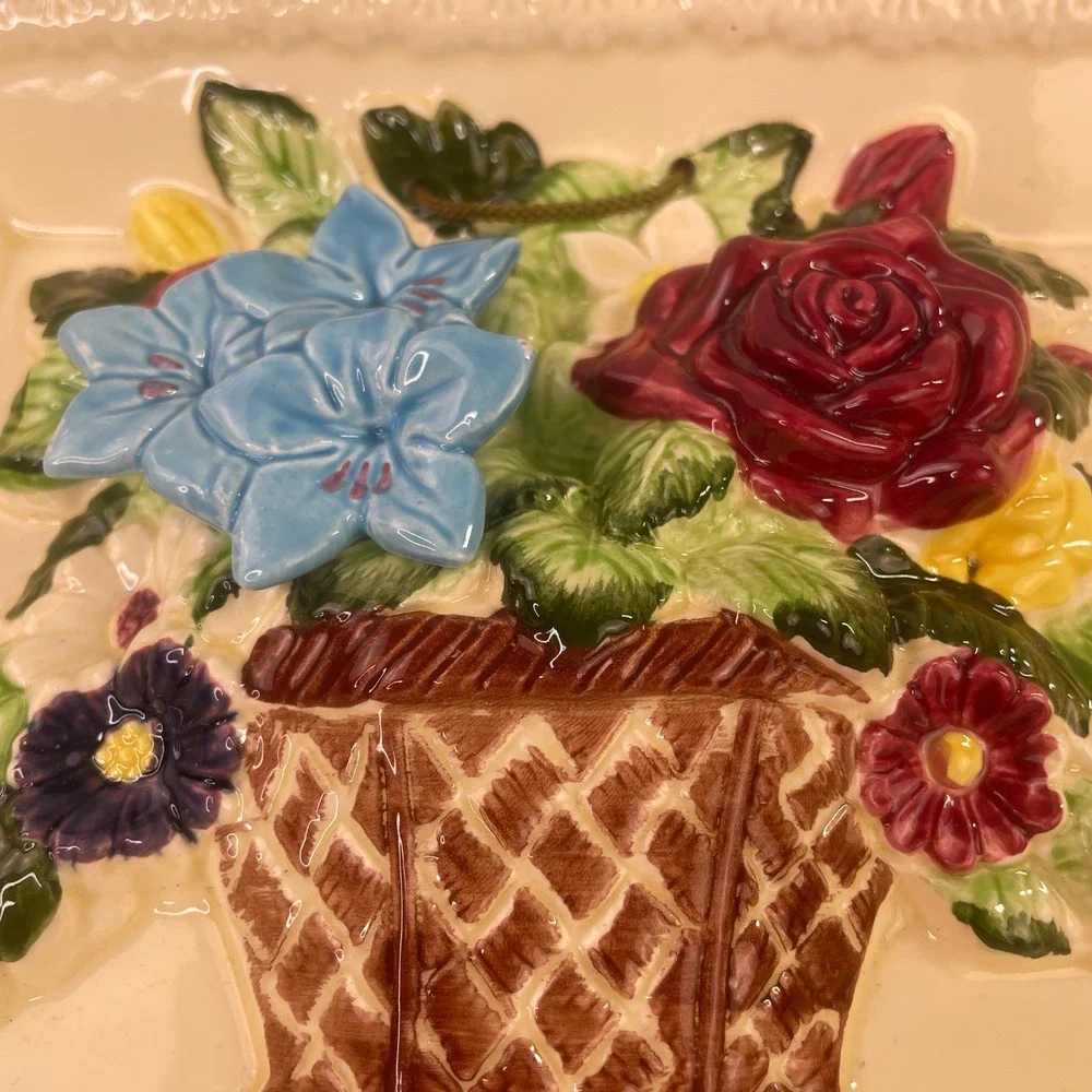 Vintage Japan Ceramic Wall Plaque Framed Basket Floral 3D Dioram Art